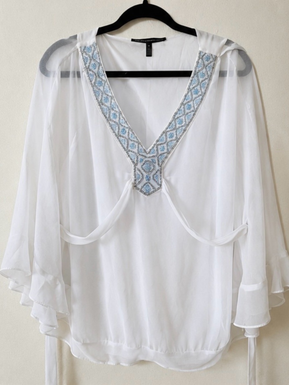White House Black Market White Chiffon Beaded V-Neck Blouse with Blue Accents